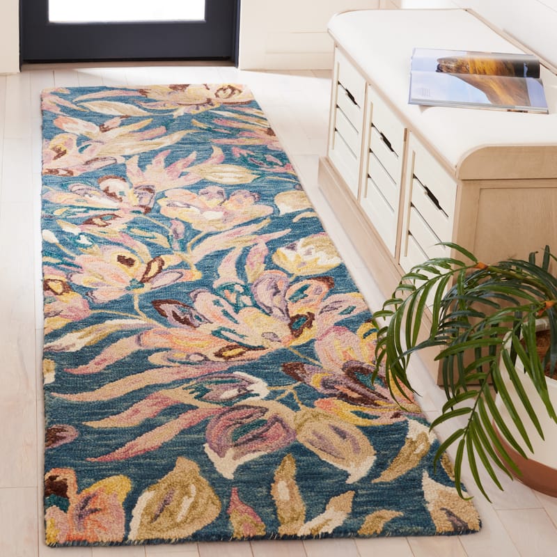 SAFAVIEH Handmade Blossom Deliana French Country Floral Wool Rug - 2'3" x 8' Runner - Blue/Plum