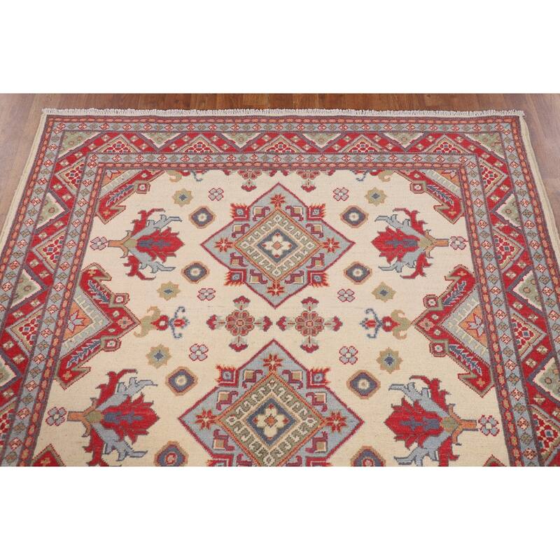 Ivory Kazak Oriental Area Rug Hand-Knotted Traditional Wool Carpet - 4'11" x 6'6"