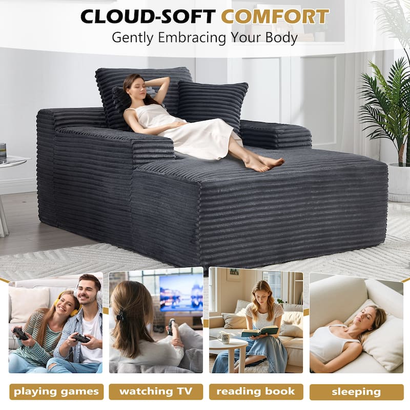 Deep Seat Chaise Lounge Chair, Wide Armrest Sleeper Sofa with Three Soft Pillows, Convertible Boneless Sofa Bed Daybed