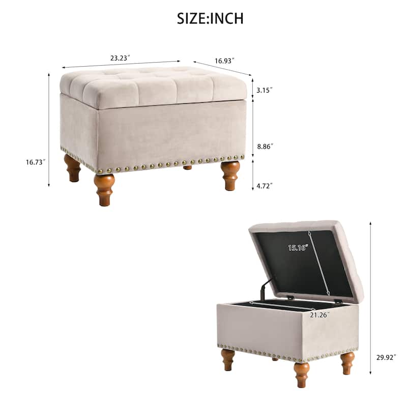 Square velvet upholstered Ottoman with storage space, hidden support hinge with easy to open top, rivet trim around