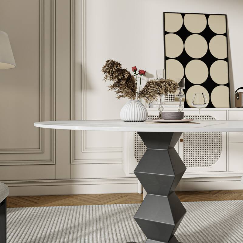 Family-Sized Stone Dining Table With Eco-Friendly Zig-Zag Base