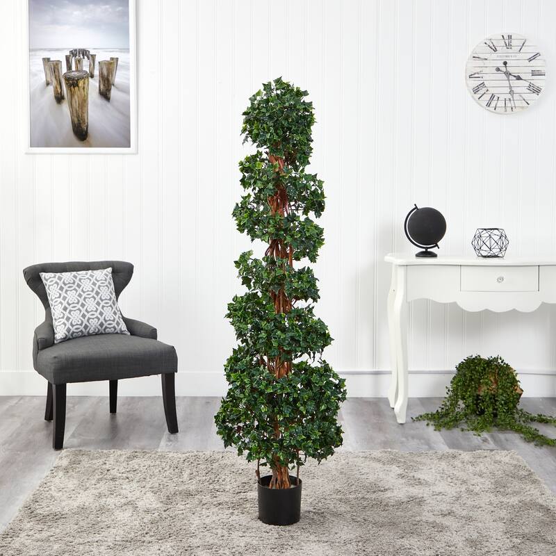 Artificial Topiary Spiral Tree - 5.5Ft Indoor Outdoor Decorative Plant - Green - 51-60 Inches