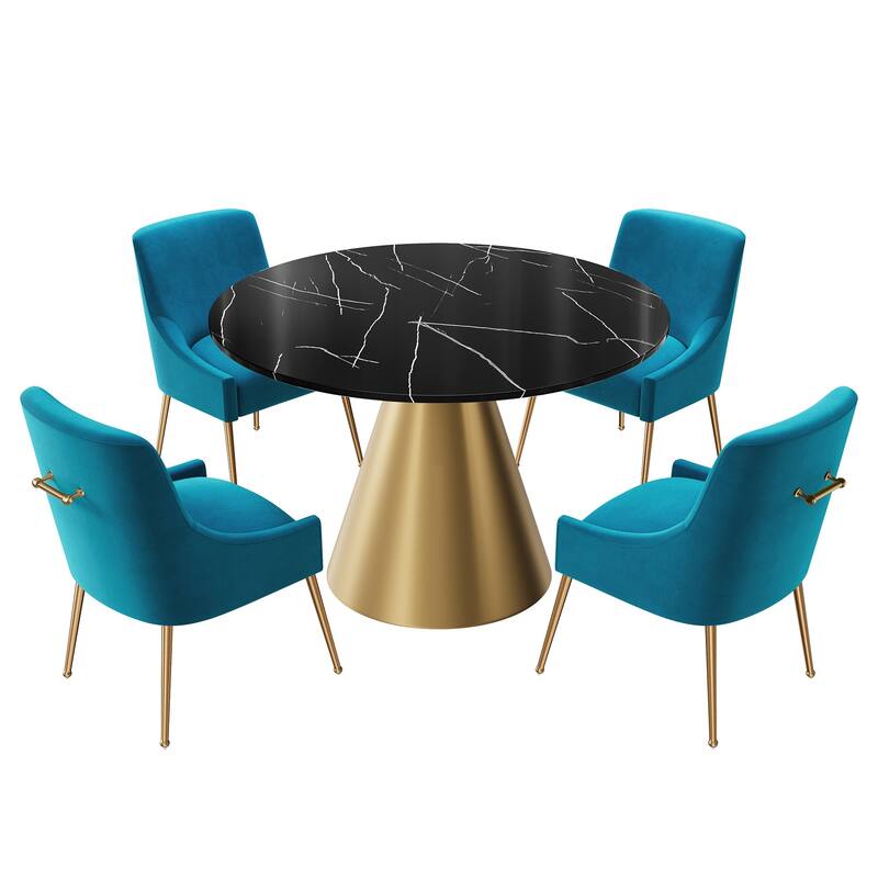 48" Marble Top Metal Dining Table with Velvet Dining Chair Set - Light Blue