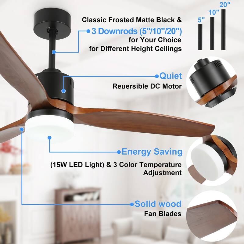 52" Rustic Wood Ceiling Fan with LED Light and Remote Control Matte Black - 52 inches