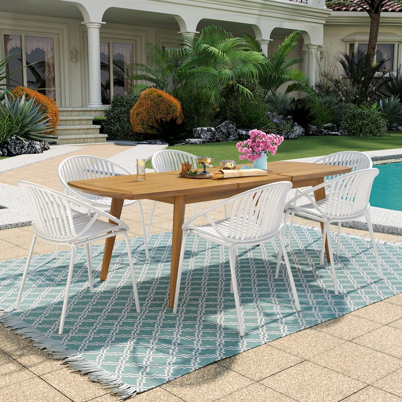 Christopher Knight Home - Emma Outdoor Wood and Resin 7 Piece Dining Set with Expandable Table - White+Teak