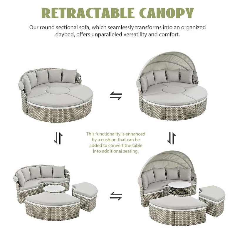 4-piece Outdoor Wicker Patio Round Daybed Sectional Sofa Set with Retractable Canop