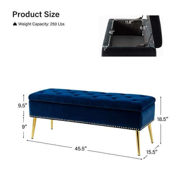 dimension image slide 15 of 19, HULALA HOME Neptunus Modern 45.5" W Velvet Bedroom Storage Bench for End of Bed with Nailhead Trim