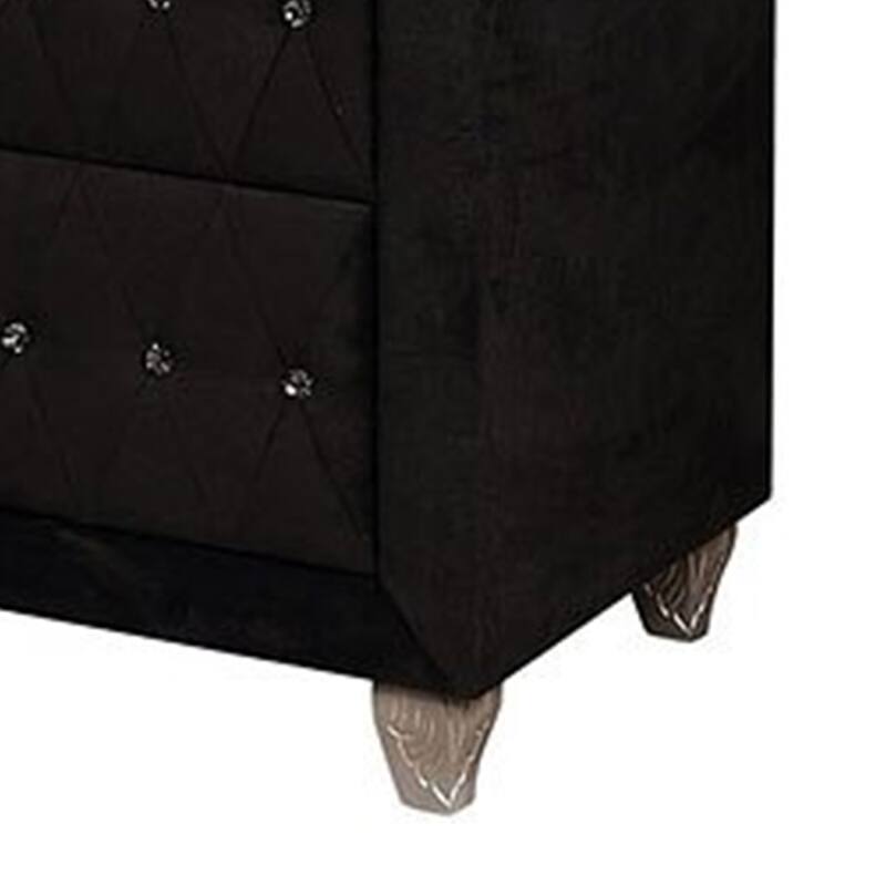 Rea Wide Dresser, 7 Drawers with Crystal Knobs, Black Velvet Upholstery
