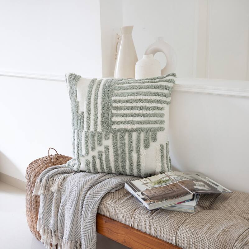 Handwoven Abstract Striped Shag Throw Pillow Cover - 22" - White and Sage Green