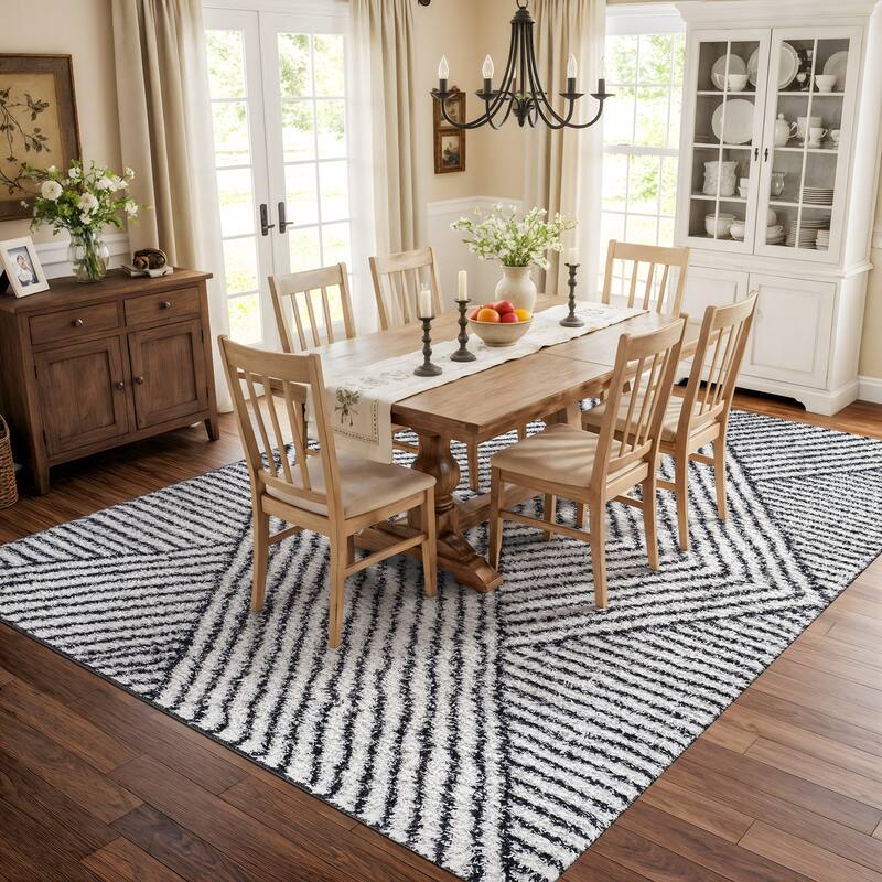 Minimal Stripe Geometric Shag Rug - Anthracite Dark Gray - Medium Pile - Cozy & Modern
