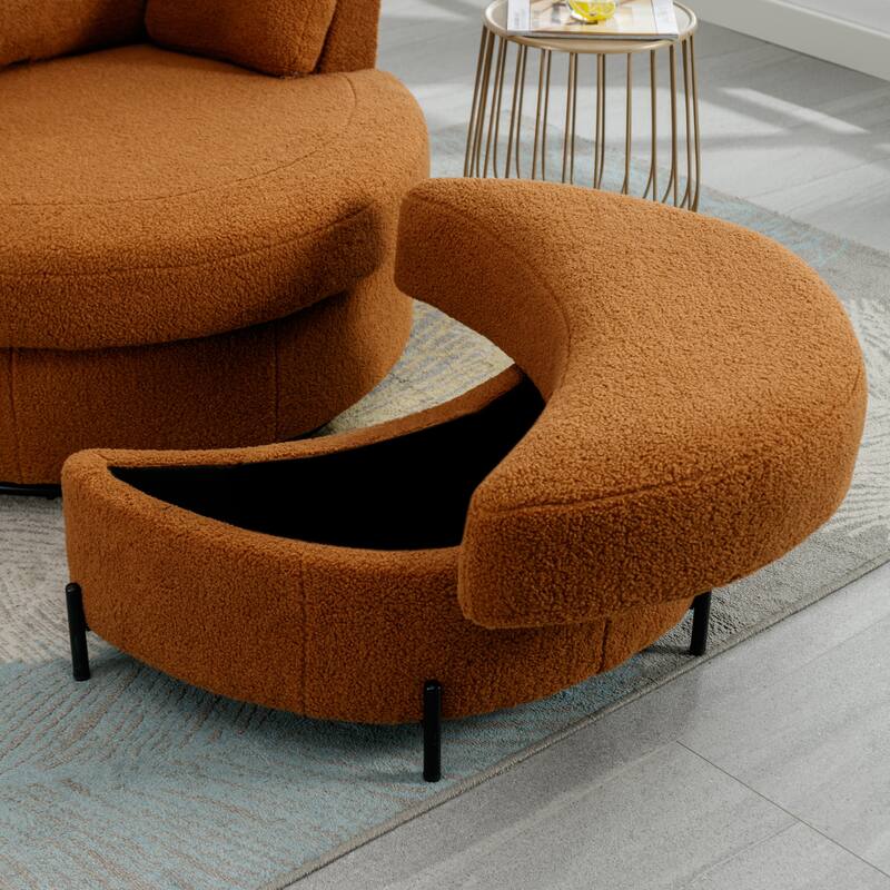 32.7" W Sherpa Upholstered Half Crescent Moon Storage Bench Large Ottoman With Tray Serve As Side Table Soft Padded Seat