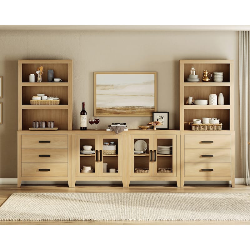 WAMPAT Farmhouse Entertainment Center with Bookshelves, Modular TV Stand with Drawers & Glass Doors - 126"W x 72.2"H x 15.4"D
