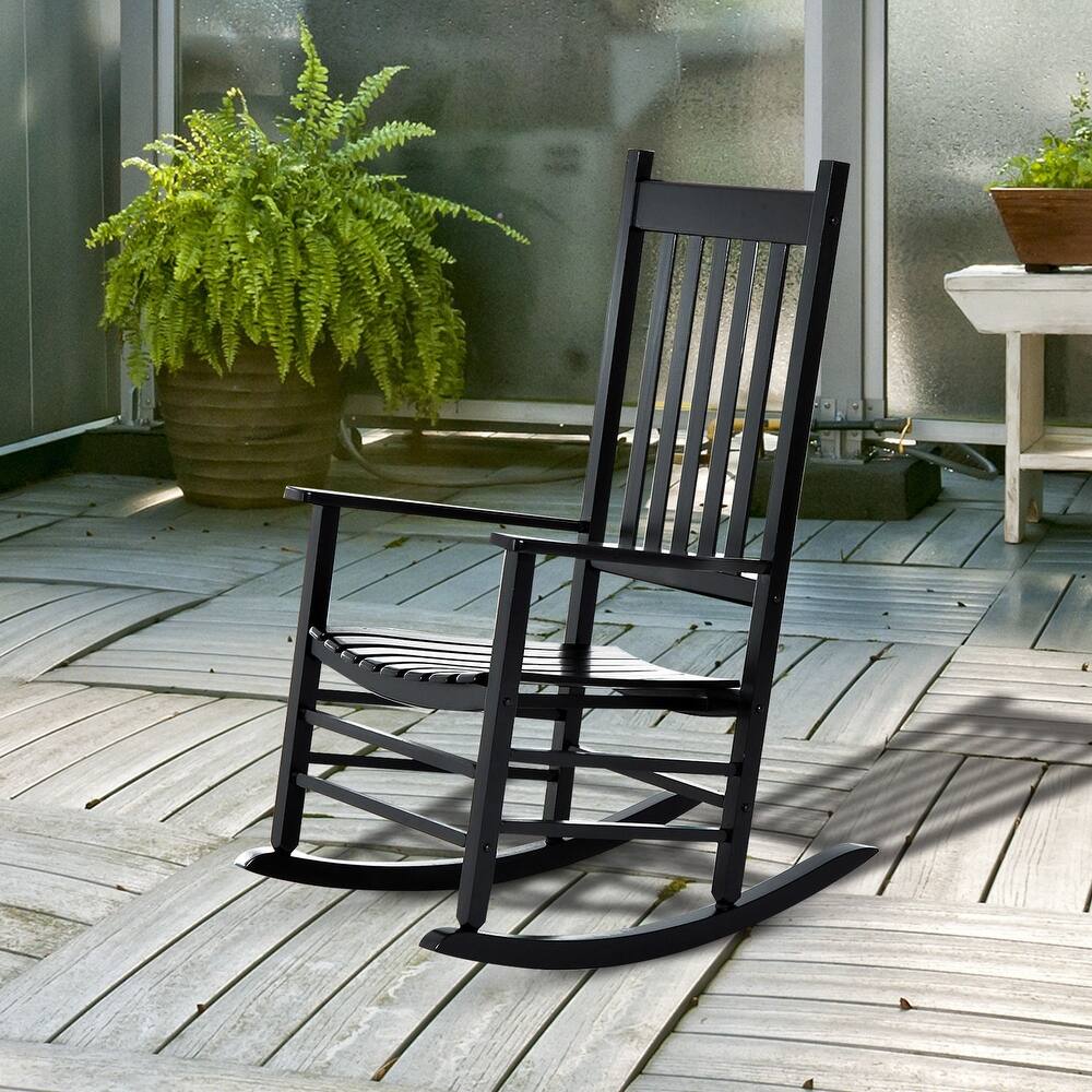 Outsunny Wood Rocking Chair Rocker with Slatted Back, Balck