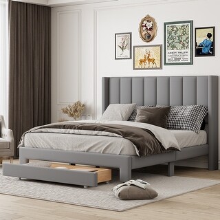 Queen Size Velvet Upholstered Platform Bed with Large Storage Drawer ...