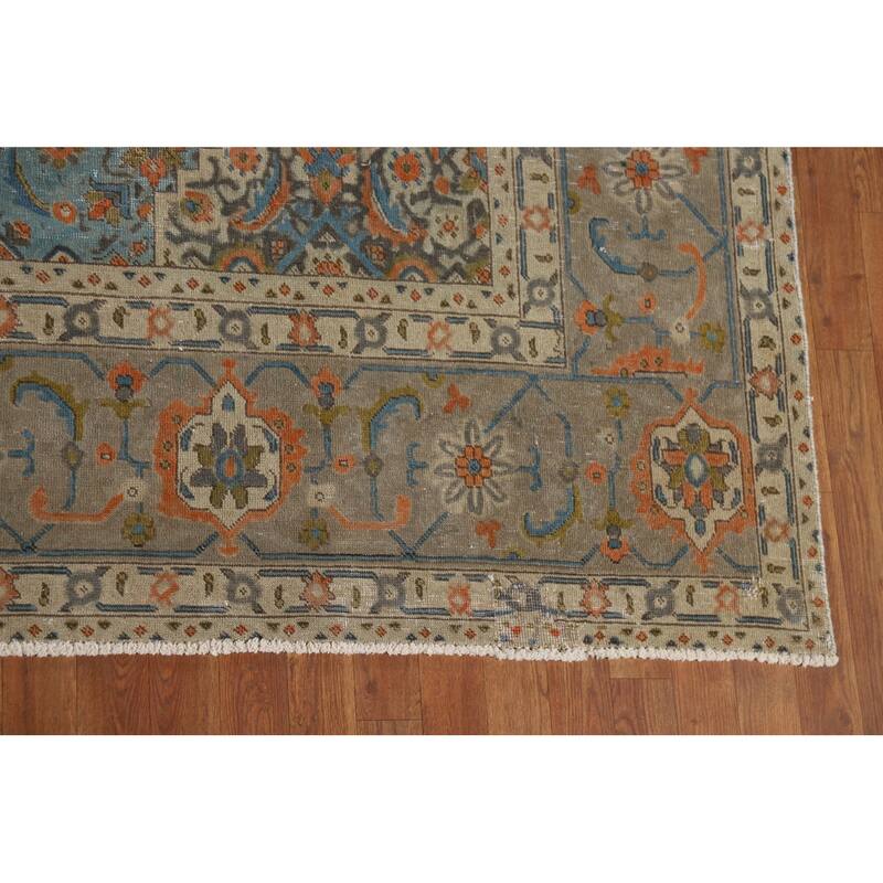 Beige Distressed Tabriz Vintage Persian Rug Handmade Wool Carpet - 9'7" x 12'11"