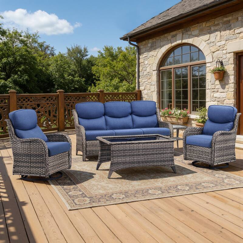 Meyreso 5-Piece Wicker Outdoor Patio Conversation Set with 5-Inch Thick Olefin Cushions - Gray Wicker - Navy Blue Cushions