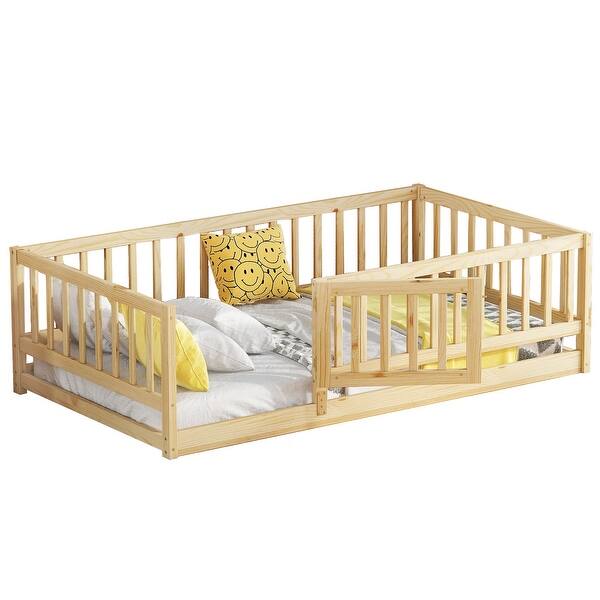 slide 2 of 24, Twin Size Montessori Floor Bed with Fence and Door Natural