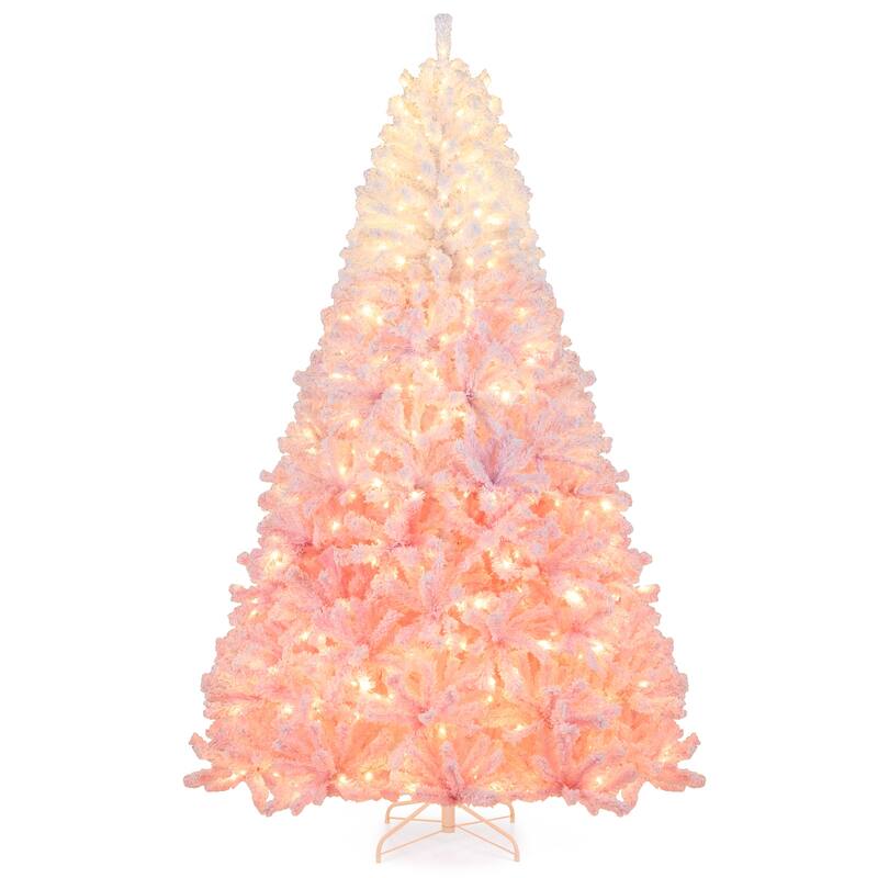 Gymax Artificial Christmas Tree Hinged Snow Flocked Xmas Tree w/ - Pink, White - 8 Foot