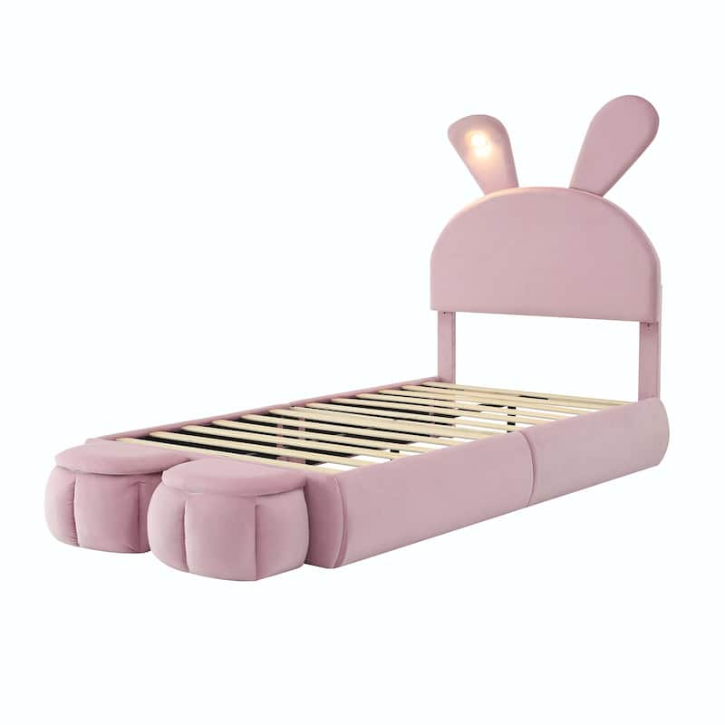 Upholstered Platform Bed with Cartoon Ears Shaped Headboard and Light