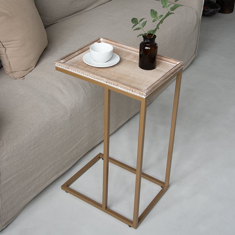 COZAYH Farmhouse C Table End Table, Distressed Beaded Edge Tray Top Side Table
