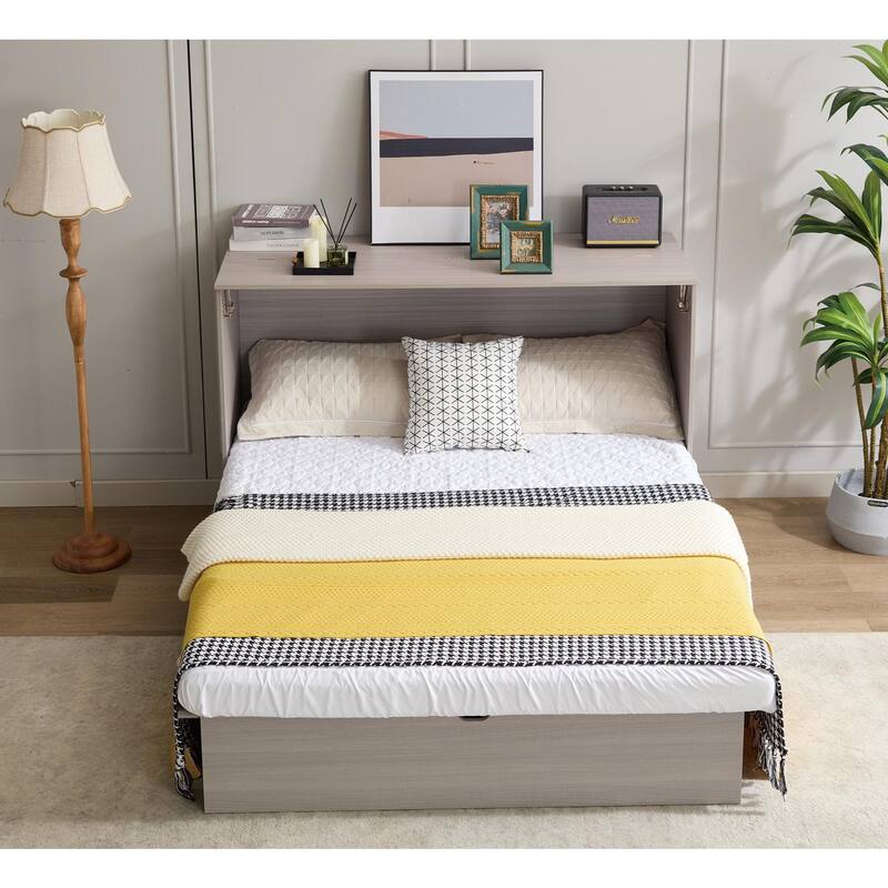 Queen Size Murphy Bed Cabinet with Storage Drawer, Folding Foam Mattress, USB & AC Charging Ports, and Smooth Glide Mechanism