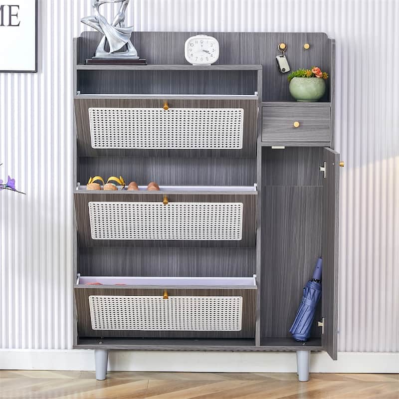 Modern Wood Minimalist Rattan Shoe Cabinet with Legs