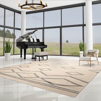 LoomBloom Beige Hand Woven Wool Area Rug Flatweave Geometric Design - 9' 2'' x 12' 2''