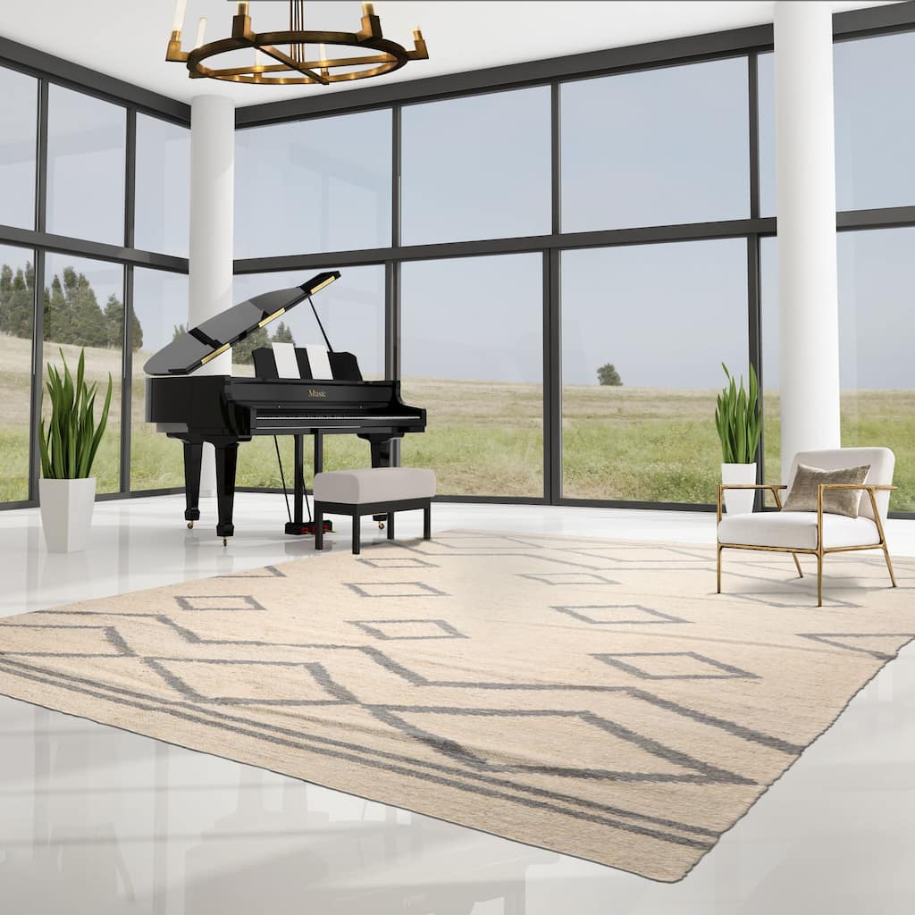LoomBloom Beige Hand Woven Wool Area Rug Flatweave Geometric Design - 9' 2'' x 12' 2''