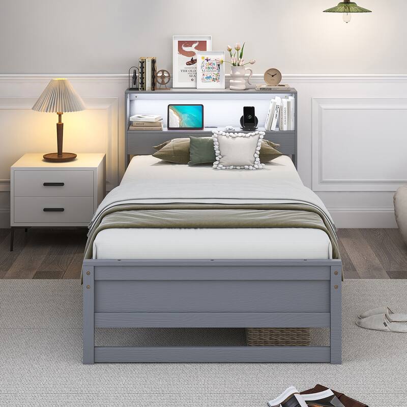 Gymax Twin Size Wooden Bed Frame w/ Charging Station & LED Light