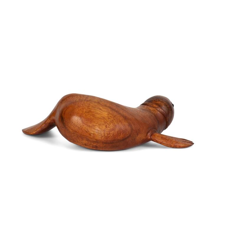 Hand Carved Sea Lion Figurine, Wood Sculpture Coastal Decor, Sitting Seal Statue