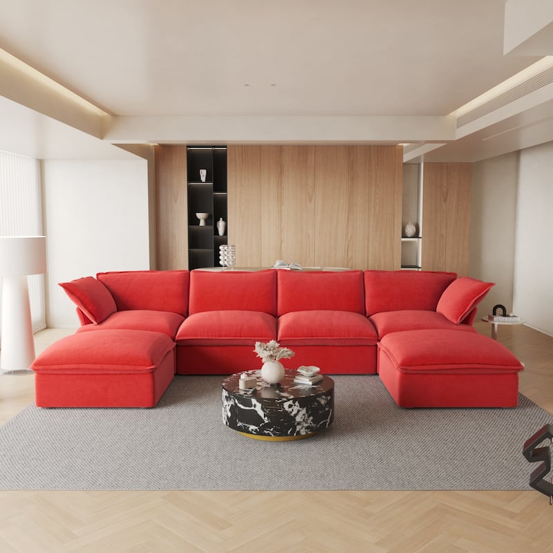 162.98'' U-shaped Large Velvet Fabric Sectional Sofa 6 piece Couch with Ottoman - Red