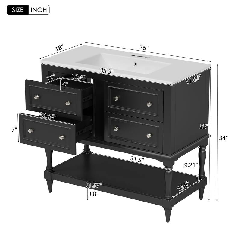 Bathroom Vanity with Ceramic Sink, Solid Wood Vanity Set with 4 Drawers, Bathroom Storage Cabinet with Open Shelf