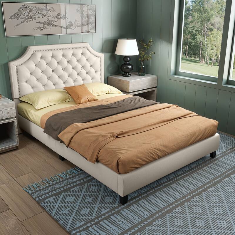 Moasis Upholstered Tufted Bed Frame with Adjustable Height Headboard - Linen Beige - Full