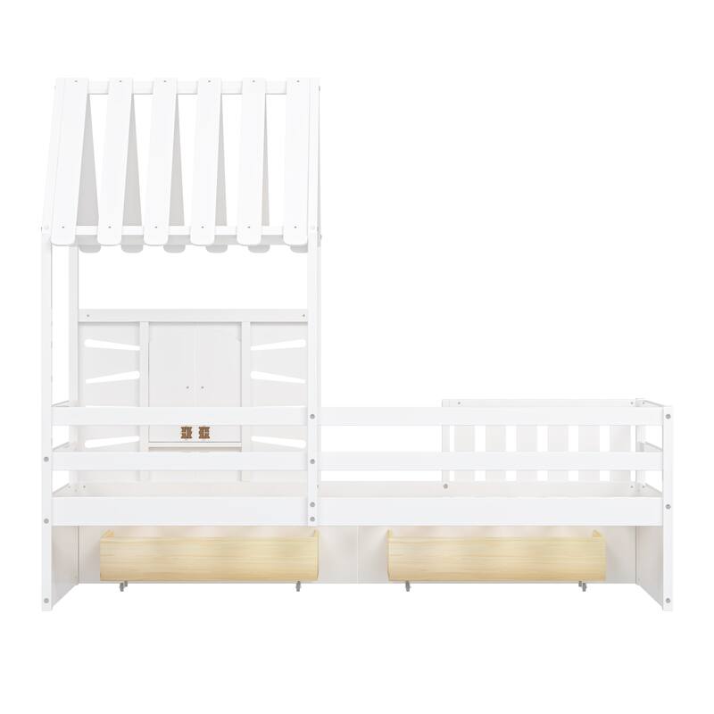 Twin Size House Bed With 2 Drawers and Guardrails