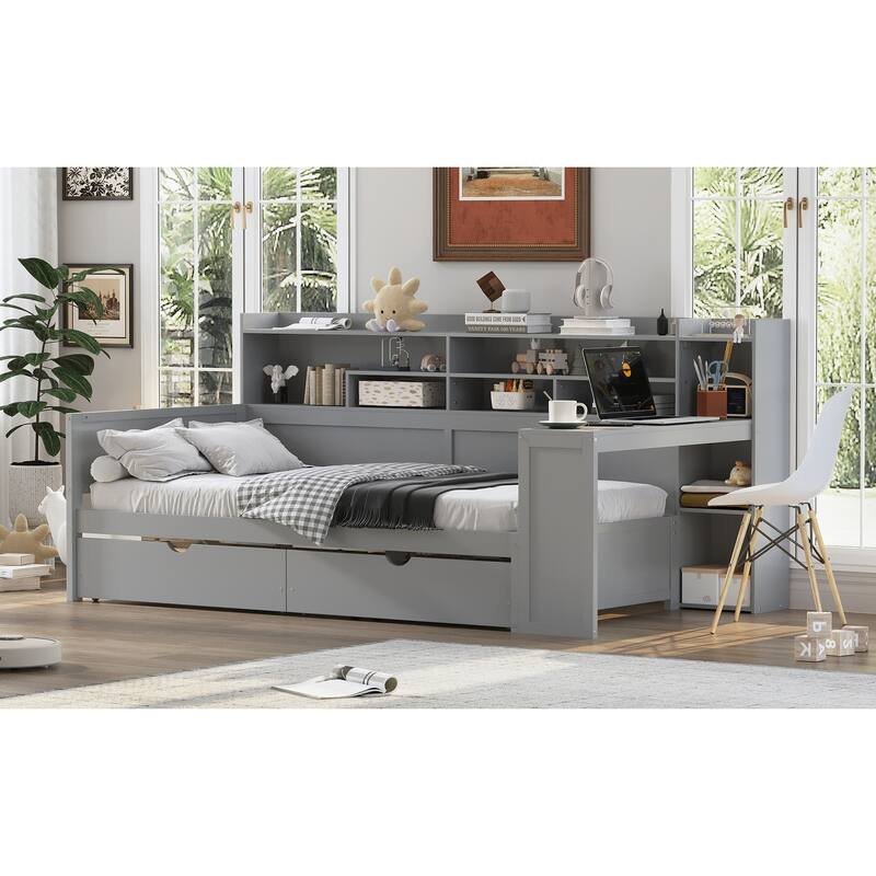 Wooden Twin Size Daybed with Storage Shelves, Multi-functional Bed with Two Storage Drawers and Study Desk