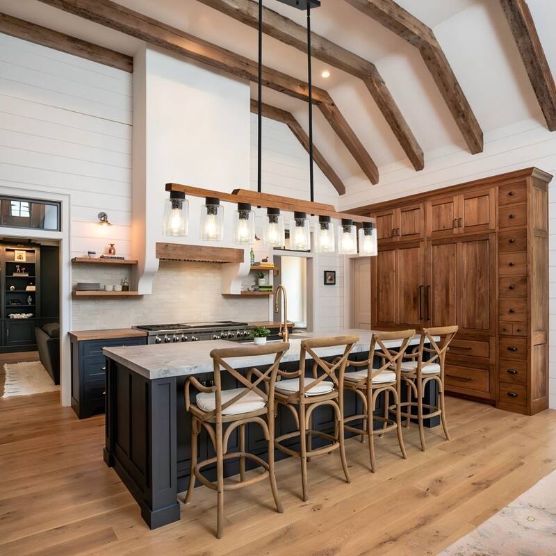 Farmhouse Chandelier for Dining Room Kitchen Island Rustic Wood Linear Pendant Light with Seed Glass Shade