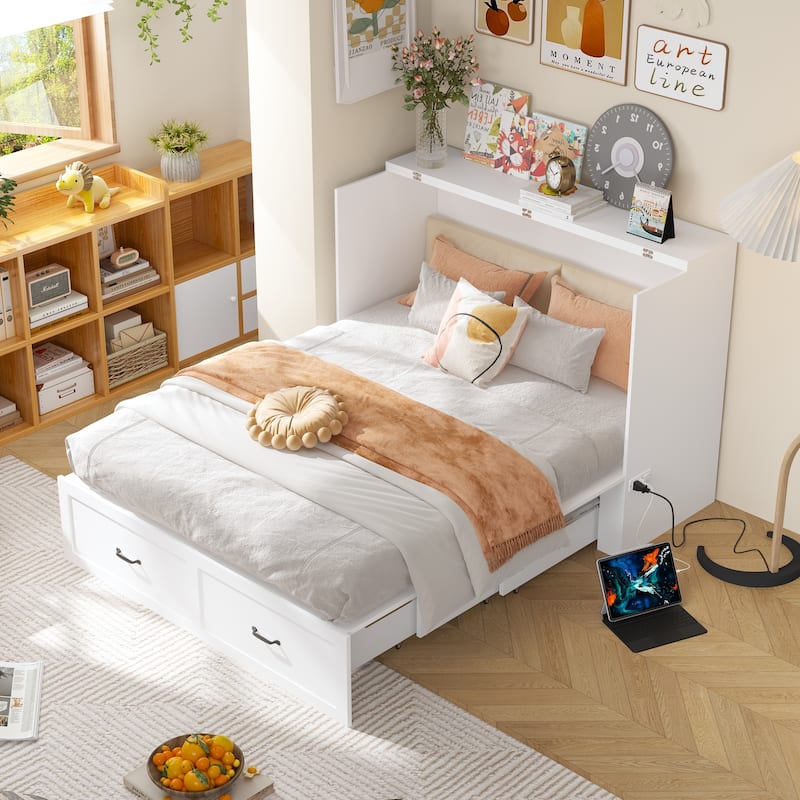 Modern Wood Full Murphy Bed Chest in White Finish Dresser 2-1 Cabinet