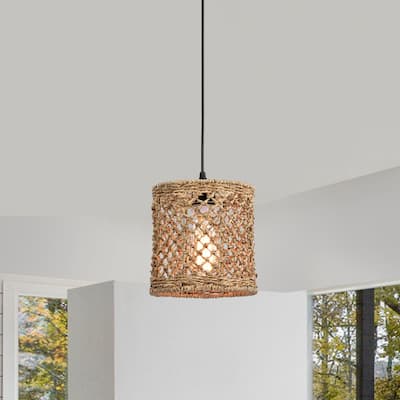 Shaun Dark Yellow 1-Light Rattan Drum Basket Pendant Light