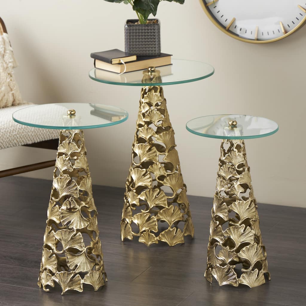Gold or Silver Aluminum Metal Cutout Cone Shaped Floral Side End Accent Table with Tempered Glass Tabletop (Set of 3)