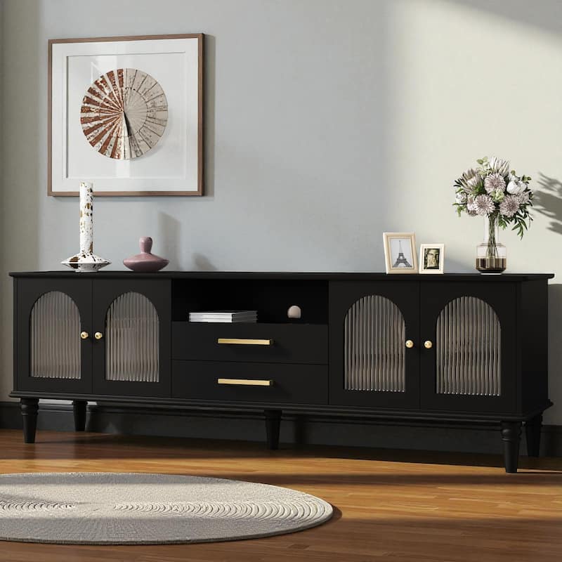68.9'' Retro TV Stand for 75 Inch TVs, Media Console with Fluted Glass Doors, 2 Drawers & Solid Wood Legs for Living Room