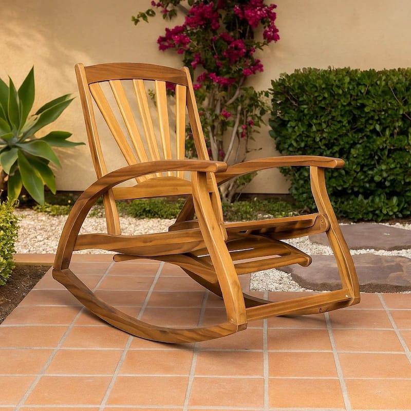Rizz Outdoor Reclining Rocking Chair, Retractable Footrest, Brown Wood