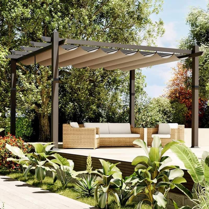 10x13 Ft Patio Outdoor Pergola and Gazebos for Existing Deck, Backyard Garden Porch - Brown