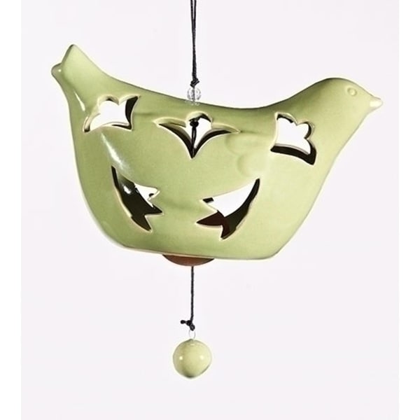 6.5" Green Porcelain Hanging Bird Bell Outdoor Garden Wind Chime Decoration
