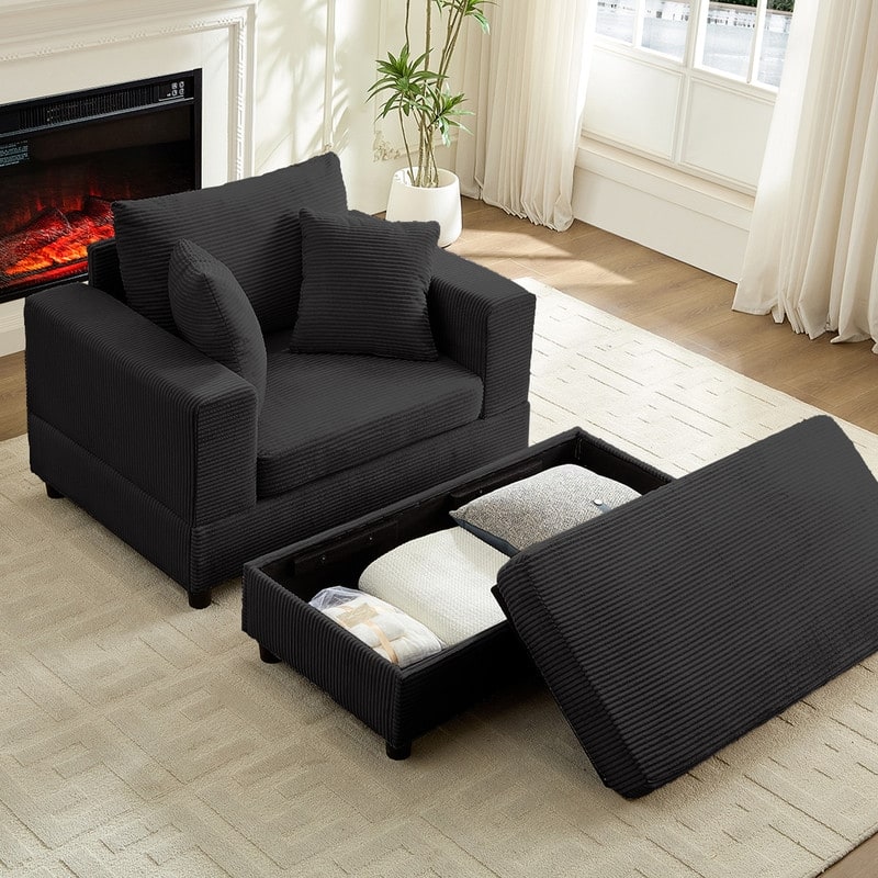 Mixoy Corduroy Chaise Lounge Deep Seat Sleeper Sofa Chair with Storage Ottoman,Upholstered 1-Seater/Loveseat Sofa Couch