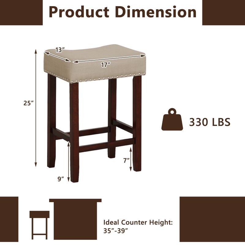 Set of 2 Backless Saddle Bar Stools with Linen Cushions and Rubber Wood Legs for Counter - 17" x 13" x 24" (L x W x H)