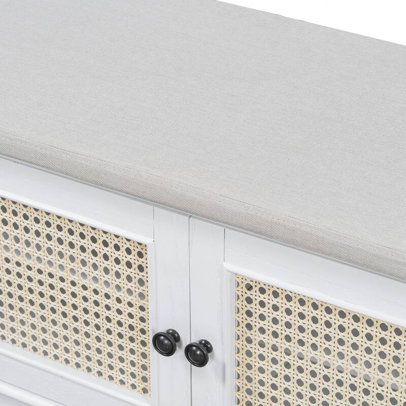 Rattan Entryway Bench with Storage, Cushioned Shoe Bench with Double Doors