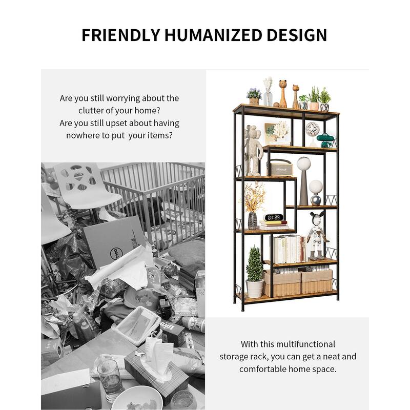 7-Shelves Staggered Bookcase Industrial Etagere Bookcase, Open Book Shelves