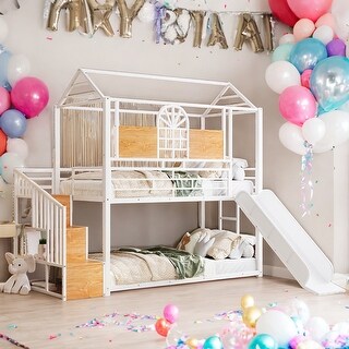 Twin Over Twin Metal Bunk Bed, Metal Housebed with Slide and Storage Stair, White with White Slide ,No Box Spring Required