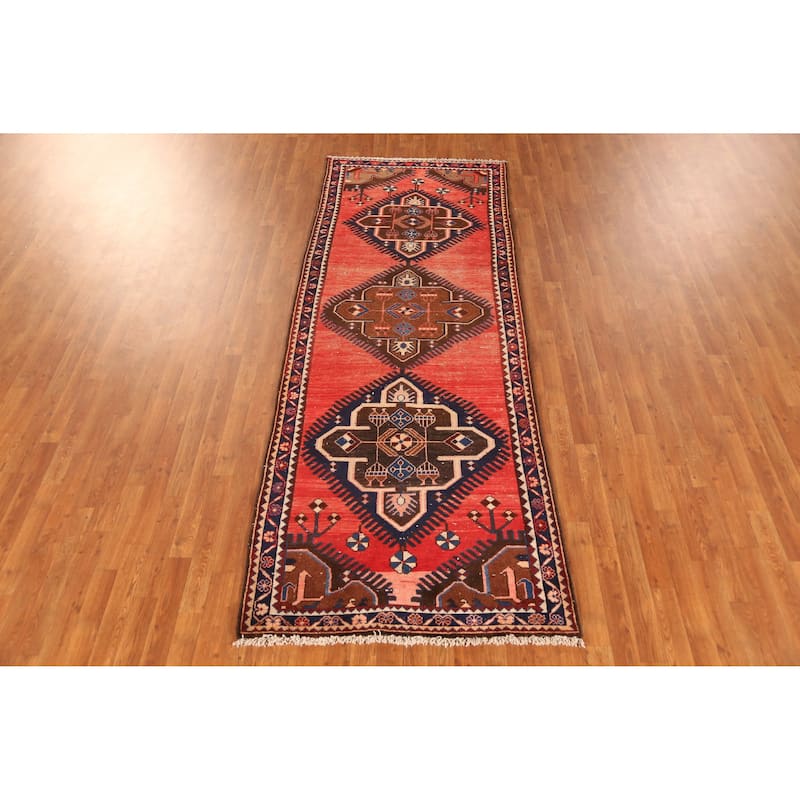 Hand Knotted Oriental 100% Wool Carpet Traditional Geometric Oranges & Rust Hamedan Runner Rug - 9' 8'' X 3' 7''