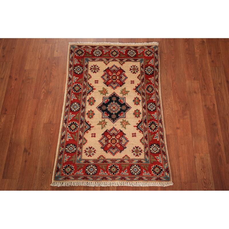 Geometric Kazak Oriental Foyer Rug Hand-Knotted Beige Wool Carpet - 2'0" x 3'0"
